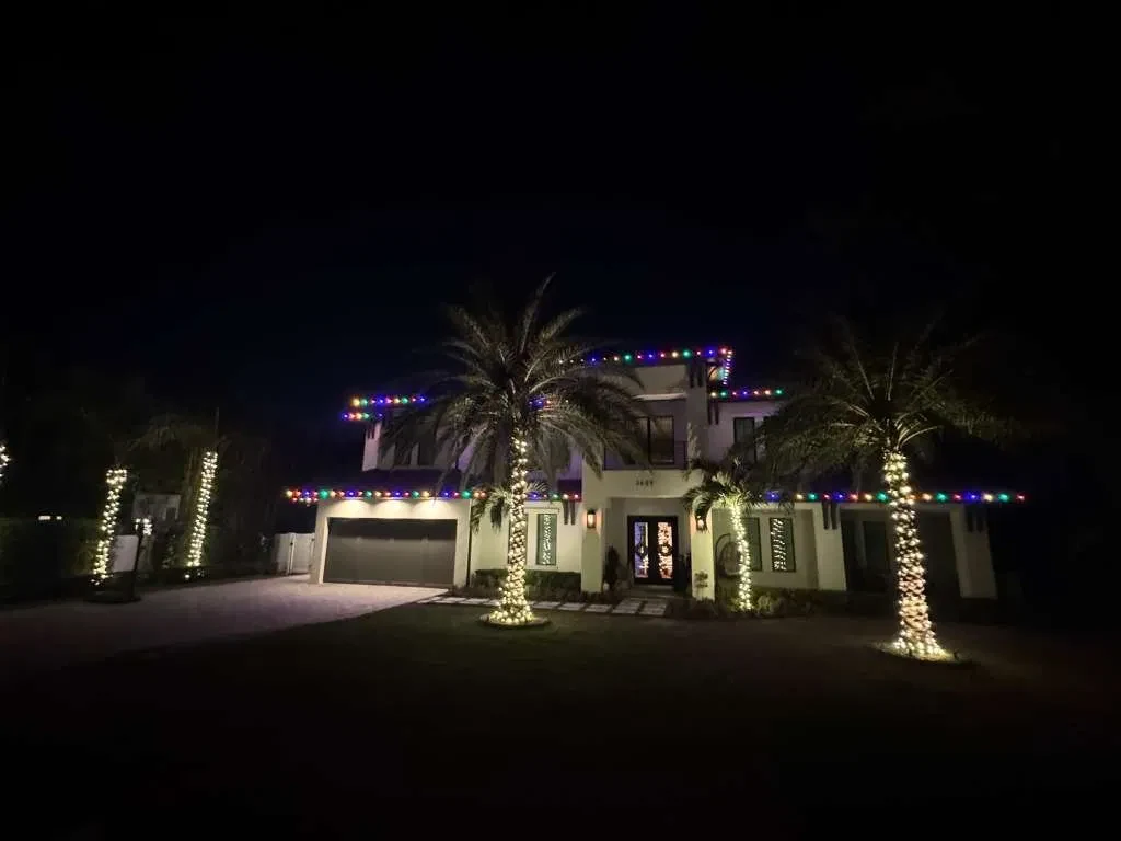 Two-story home with palm trees wrapped in colorful Christmas lights and roofline lighting