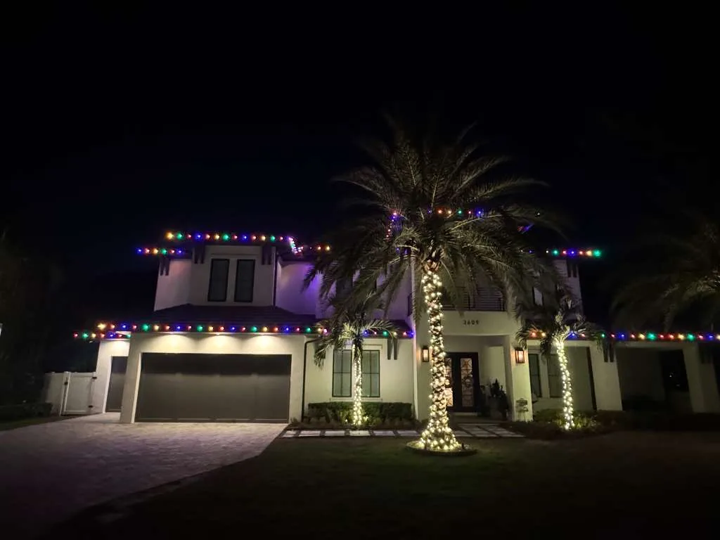 Two-story home in South Tampa, FL with a palm tree wrapped in colorful Christmas lights